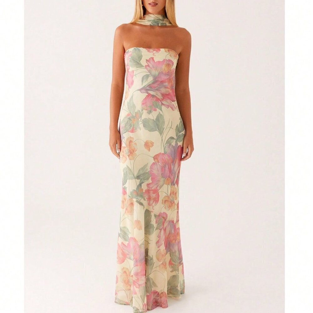 Pink Elegant Women's Floral Strapless Dress Y2k Backless Sleeveless Tube - Picture 2 of 7